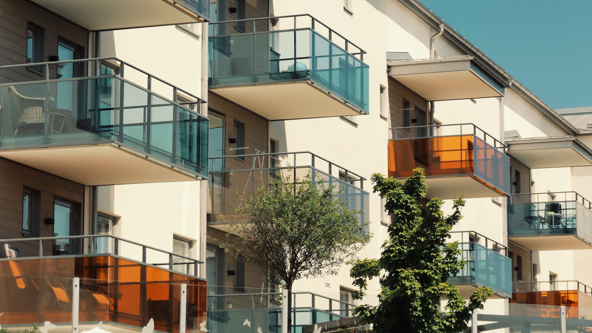 Apartment balconies on a new block, illustrative